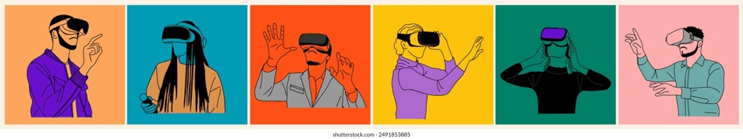 Set of different Person using VR headset. Modern women and men in futuristic Virtual Reality glasses. Colored outline vector illustrations of people and AR isolated on colorful background.