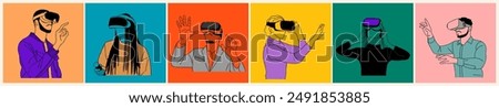 Set of different Person using VR headset. Modern women and men in futuristic Virtual Reality glasses. Colored outline vector illustrations of people and AR isolated on colorful background.