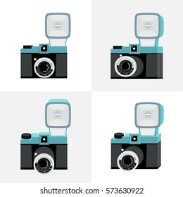 Set of different perspectives. Blue and black film camera with flash. Flat vector illustration. 