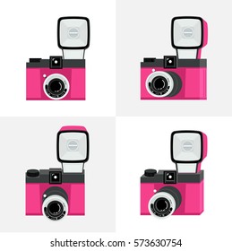 Set of different perspectives. Pink and black film camera with flash. Flat vector illustration. 
