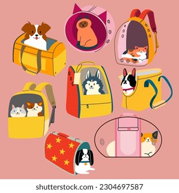 The set of different pet carriers. Travel bags for cats and dogs. Transportation of animals.