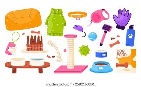 Set of different pet equipment, accessories. Dogs and cats shop goods for care, feeding, grooming and leisure. Flat vector illustration in cartoon style. Isolated white background