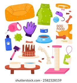 Set of different pet equipment, accessories. Dogs and cats shop goods for care, feeding, grooming and leisure. Flat vector illustration in cartoon style. Isolated white background