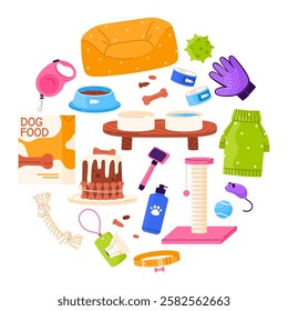 Set of different pet equipment, accessories. Dogs and cats shop goods for care, feeding, grooming and leisure. Flat vector illustration in cartoon style. Isolated white background