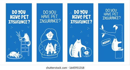 Set of different pet insurance concepts. HAnd drawn vector illustration with lettering. Template for pet insurance flyers or banners.