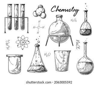 Set of different pharmaceutical flasks, beakers and test tubes. A sketch of chemical laboratory objects. Discovery and chemistry symbol.