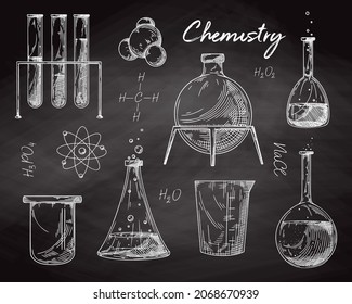 Set of different pharmaceutical flasks, beakers and test tubes. Sketch of chemical laboratory objects on a chalk board. Discovery and chemistry symbol.