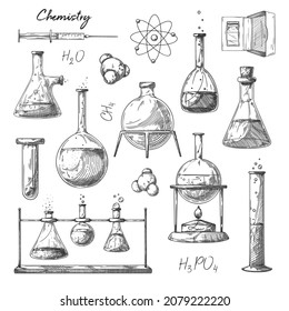 Set of different pharmaceutical flasks, beakers and test tubes. A sketch of chemical laboratory objects. Discovery and chemistry symbol.