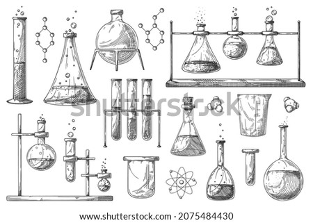 Set of different pharmaceutical flasks, beakers and test tubes. A sketch of chemical laboratory objects. Discovery and chemistry symbol.