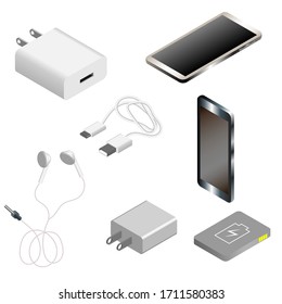 set of different phone accessories on white background. Smartphone with power bank, charger and headphones 3D realistic