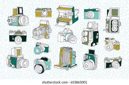 Set of different photo cameras. Hand drawn colorful collection in doodle style.