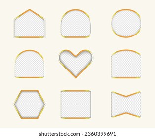 Conjunto de diferentes marcos fotográficos con borde dorado, burla hacia arriba, plantilla vectorial para imágenes