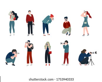 Set of different photographer holding camera, shooting and photographing. Vector illustration.