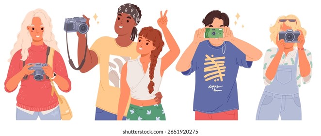 Conjunto de diferentes fotógrafos segurando uma câmera. Dia Mundial da Fotografia. Profissão criativa. Personagens de desenhos animados tirando uma foto. Ilustração do vetor de cores
