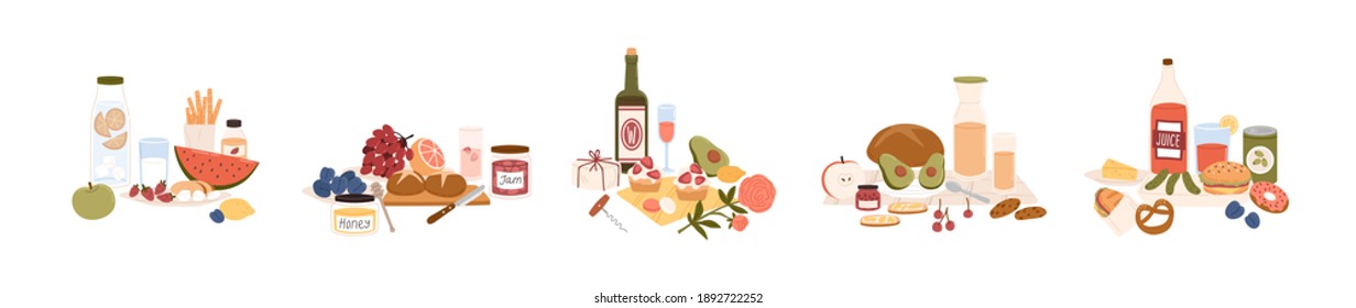 Set of different picnic food and drinks: snacks, fruits, desserts, sweets, bread, sandwich, avocado, bottles of wine, lemonade and juice. Colored flat vector illustration isolated on white background.