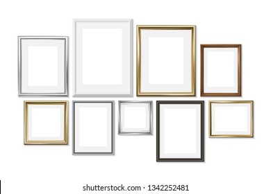 Set of different picture frames isolated on white background. Gold, silver, wood. Vector illustration, EPS 10