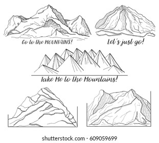 Set of different pictures with mountains.  Vector illustration of a sketch style.