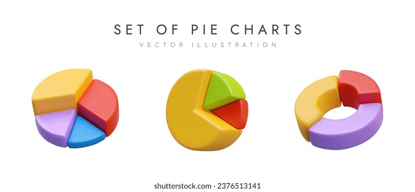 Set of different pie charts. Poster with collection of round diagrams for business management and finance. Vector illustration in yellow, red and purple colors