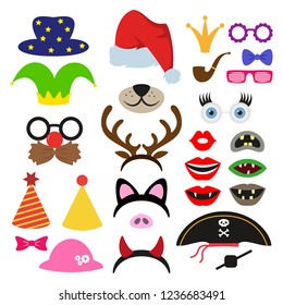Set of different piece photo booth props. Vector illustration.