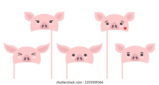 Set of different piece photo booth props with cartoon pigs. Symbol of Chinese New Year 2018. Vector illustration.