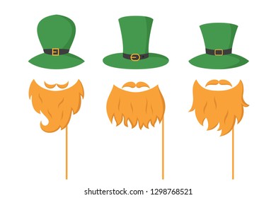 Set of different piece photo booth props with Irish leprechaun (hat and beard). Vector illustration.
