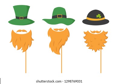 Set of different piece photo booth props with Irish leprechaun (hat and beard). Vector illustration.

