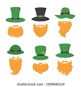 Set of different piece photo booth props with Irish leprechaun (hat and beard). Vector illustration.