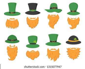 Set of different piece photo booth props with Irish leprechaun (hat and beard). Vector illustration.