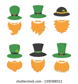 Set of different piece photo booth props with Irish leprechaun (hat and beard). Vector illustration.