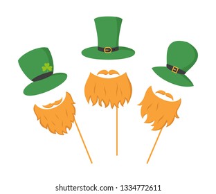 Set of different piece photo booth props with Irish leprechaun (hat and beard). Vector illustration.