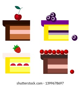 Set of different pieces of chocolate and biscuit sponge cakes with cherry, blueberries, strawberries, cranberries isolated on a white background in cartoon flat style. Vector food sign illustration.