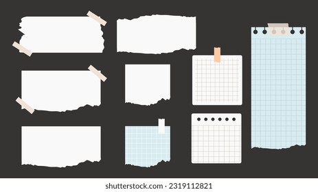 Set of different pieces of note paper on black background. Vector illustration.