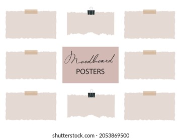 Set aus verschiedenen Stücken zerrissenen Papiers auf Klebeband und Papierklammern. Mock up für Präsentation und modernes Design. 8 leere Notizen. Vektor 3d realistisch. Moodboard Blank Template. EPS10.