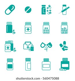 Set of Different Pill or Drug Jars Icons Isolated on White Background.