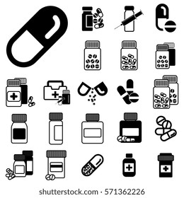 Set of Different Pill or Drug Jars Icons Isolated on White Background.