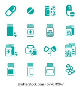 Set of Different Pill or Drug Jars Icons Isolated on White Background.