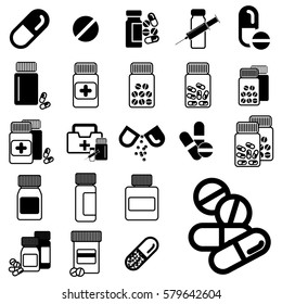 Set of Different Pill or Drug Jars Icons Isolated on White Background.