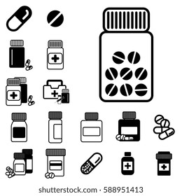 Set of Different Pill or Drug Jars Icons Isolated on White Background.