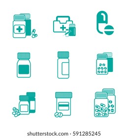Set of Different Pill or Drug Jars Icons Isolated on White Background.
