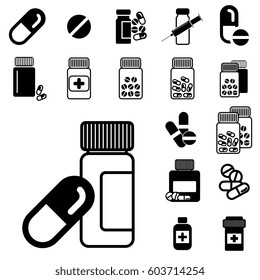 Set of Different Pill or Drug Jars Icons Isolated on White Background.