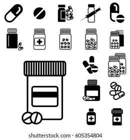 Set of Different Pill or Drug Jars Icons Isolated on White Background.