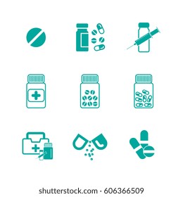 Set of Different Pill or Drug Jars Icons Isolated on White Background.