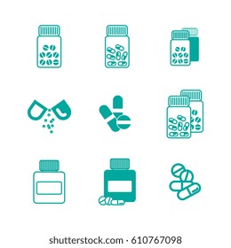 Set of Different Pill or Drug Jars Icons Isolated on White Background.