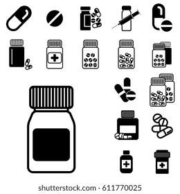 Set of Different Pill or Drug Jars Icons Isolated on White Background.