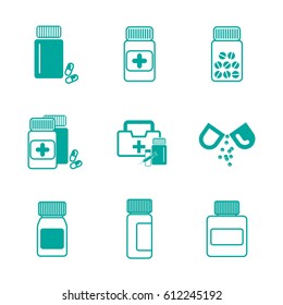 Set of Different Pill or Drug Jars Icons Isolated on White Background.