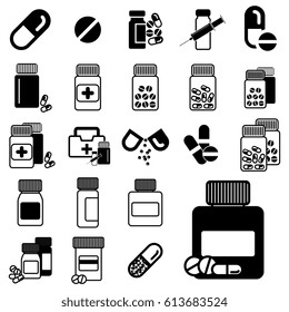 Set of Different Pill or Drug Jars Icons Isolated on White Background.
