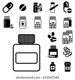 Set of Different Pill or Drug Jars Icons Isolated on White Background.