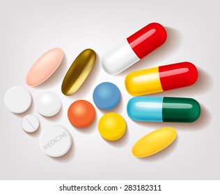 Set of different pills and capsules pharmacy