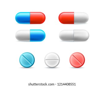 Set of different pills, capsules, and tablets. Vector realistic colored medical icons.