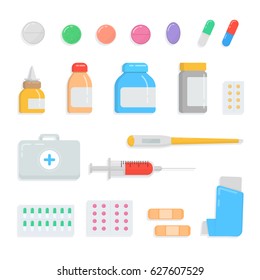 Set of different pills and drugs. First-aid kit contents: medication, drops, tablet, syringe, thermometer, plaster, inhaler, capsule, vial, medicine bottle collection. Vector flat  illustration.